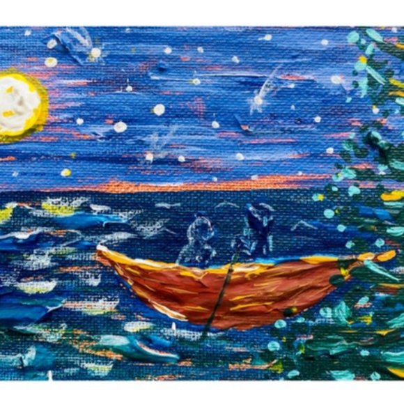 Canoe night Lovers Couple Nautical Painting Original Art Small 9x12 Acrylic Wall - Picture 3 of 8